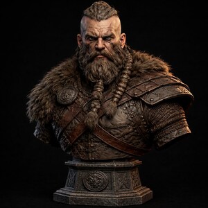 May include: A detailed bust of a Viking warrior with a stern expression. The sculpture features a fur-lined cloak, intricate armor, and a braided beard. The bust is mounted on a stone pedestal with carved details, showcasing a blend of textures and historical themes.