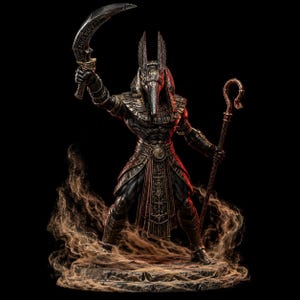 May include: A detailed statue of Anubis, the Egyptian god of the afterlife, holding a curved blade and a staff. The figure is depicted in black and gold, standing on a stone base with a dark background. The statue has intricate details.