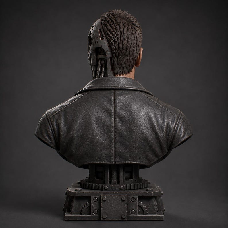 May include: A bust of a figure wearing a dark leather jacket, featuring short brown hair and a mechanical skull structure exposed on the right side. The base is a dark gray industrial platform with visible gears and metallic bolts.