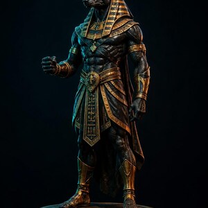 May include: A standing statue of the Egyptian deity Anubis, featuring a jackal head and a muscular human physique. The figure is finished in a dark, weathered black with metallic gold accents on the headdress, collar, armbands, and kilt.