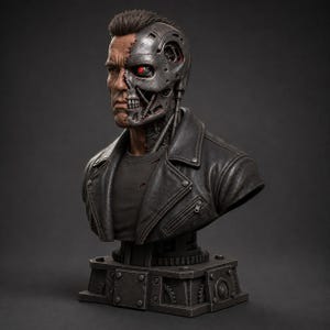 May include: A detailed bust of a cyborg character featuring a half-human, half-robotic face with a glowing red eye. The figure wears a dark, weathered leather jacket over a t-shirt, mounted on a sturdy, industrial-style base with gear-like details.
