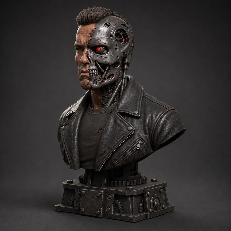 May include: A detailed bust of a cyborg character featuring a half-human, half-robotic face with a glowing red eye. The figure wears a dark, weathered leather jacket over a t-shirt, mounted on a sturdy, industrial-style base with gear-like details.