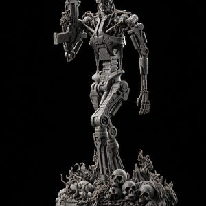 Peut inclure: Statue grise détaillée d'un robot Terminator tenant un fusil, debout sur une base avec des crânes et des flammes. Le robot a un visage squelettique et des pièces mécaniques. La base a une bordure en forme de chaîne.