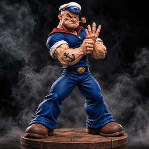 May include: A detailed figurine of a muscular sailor character wearing a dark blue shirt with a red collar, blue trousers, and a white cap. The figure has a pipe in the mouth, a black anchor tattoo on the right forearm, and stands on a round wooden base.