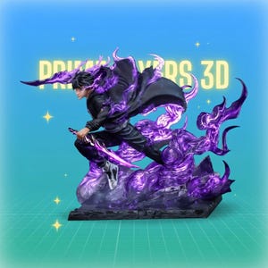 May include: A dynamic 3D statue of a character in a black outfit, wielding a blade, surrounded by swirling purple energy. The figure is posed in action, with the text "DRIVERS 3D" in yellow above. The base is dark grey.