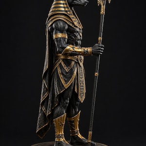 May include: A detailed statue of Anubis, the Egyptian god of the afterlife, depicted in black with gold accents. The figure holds a staff and stands on a round base with hieroglyphs. The statue features intricate detailing and a regal pose.