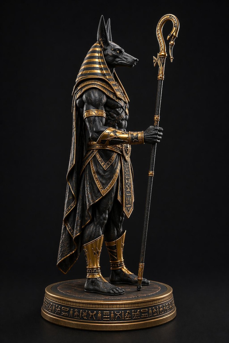 May include: A detailed statue of Anubis, the Egyptian god of the afterlife, depicted in black with gold accents. The figure holds a staff and stands on a round base with hieroglyphs. The statue features intricate detailing and a regal pose.