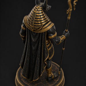 May include: A detailed statue of Anubis, the Egyptian god of the afterlife, depicted from the back. The figure is black with gold accents on the headdress, cape, and staff. The statue stands on a circular base with hieroglyphs.