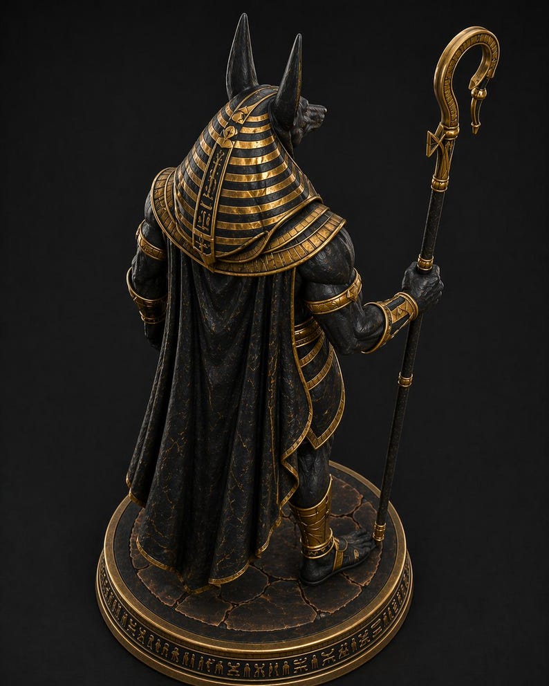 May include: A detailed statue of Anubis, the Egyptian god of the afterlife, depicted from the back. The figure is black with gold accents on the headdress, cape, and staff. The statue stands on a circular base with hieroglyphs.