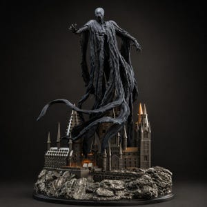 May include: A dark, hooded, skeletal figure with flowing, tattered robes floats above a detailed model of a castle. The castle features multiple towers, stone-like textures, and warm, glowing lights emanating from its windows and arched entryways.