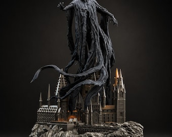 May include: A dark, hooded, skeletal figure with flowing, tattered robes floats above a detailed model of a castle. The castle features multiple towers, stone-like textures, and warm, glowing lights emanating from its windows and arched entryways.