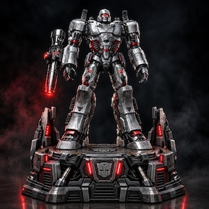 Può includere: Un action figure robotica in metallo argentato con occhi e dettagli rosso brillante, posizionata su una base meccanica dettagliata. Il robot presenta un grande cannone montato sul braccio con una luce rossa, pannelli complessi e un emblema Decepticon.