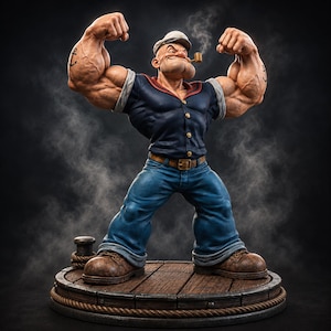 May include: A detailed figurine of a muscular sailor character with large forearms, wearing a dark blue shirt, blue jeans, and a white cap. The character has an anchor tattoo on the arm, smokes a pipe, and stands on a circular wooden base.