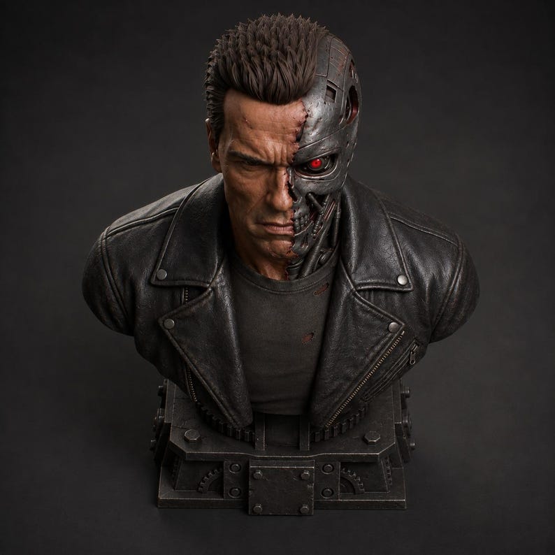 May include: A detailed bust of a human figure wearing a black leather jacket over a dark t-shirt. The face is split, showing human skin on the right side and a metallic robotic endoskeleton with a glowing red eye on the left side.