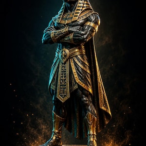 Op de afbeelding: Een staand standbeeld van de Egyptische godheid Anubis met een jakhalskop, met een gespierd lichaam, zwarte huid en goudkleurige bepantsering, armbanden en een lendendoek. Het figuur staat op een ronde voet met gegraveerde hiërogliefachtige symbolen.