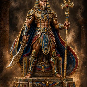 May include: A detailed digital illustration of an Egyptian pharaoh statue. The pharaoh is adorned in gold, blue, and red ceremonial attire, holding a sword and a staff with an ankh symbol. The statue is seated on a decorated pedestal.