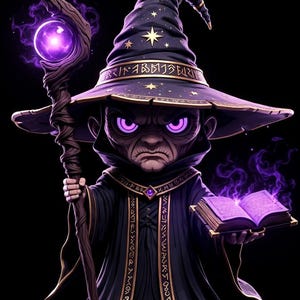 May include: A cartoon illustration of a wizard in a black robe and hat, holding a staff with a glowing purple orb and an open book. The wizard has glowing purple eyes and a stern expression. The hat is decorated with stars and gold trim.
