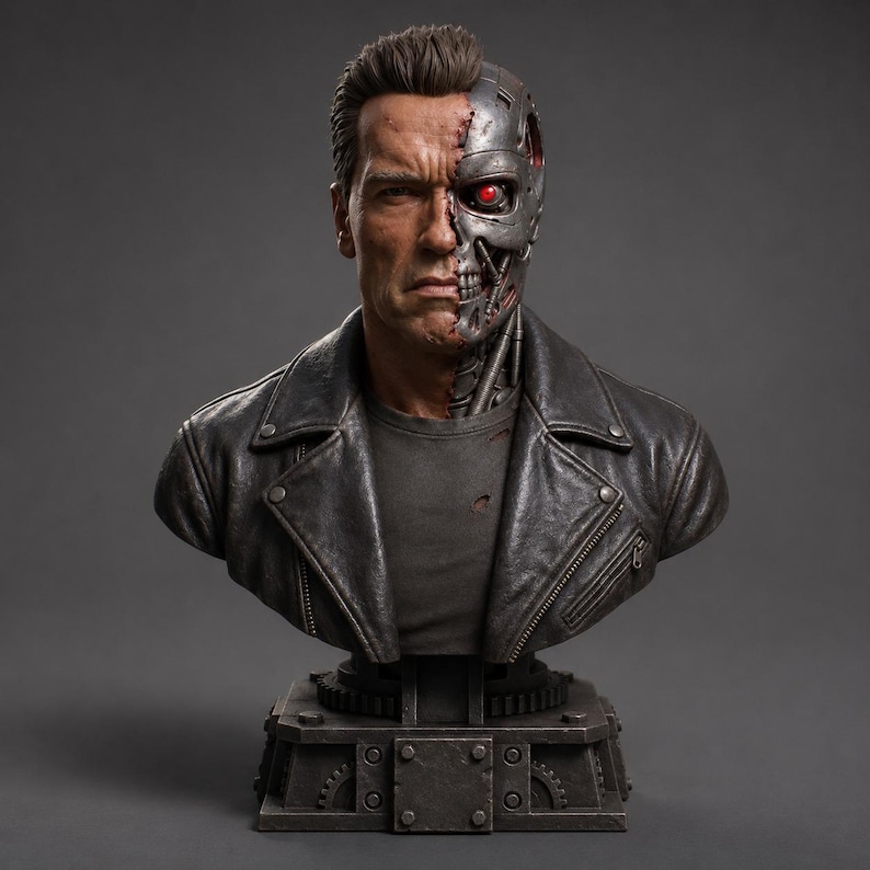 May include: A detailed bust of a human figure wearing a black leather jacket over a dark t-shirt. The face is split, showing natural skin on one side and a metallic robotic endoskeleton with a glowing red eye on the other, mounted on a base.