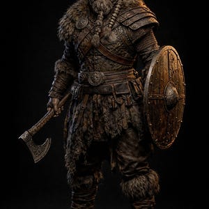 May include: A warrior in detailed leather and fur armor, holding an axe and shield. The image features a Viking-inspired character with a braided beard, showcasing a rugged and historical aesthetic. The color palette is dominated by browns and tans.