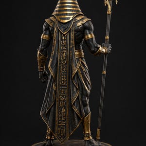 May include: A detailed statue of Anubis, the Egyptian god of the afterlife, viewed from the back. The figure is black with gold accents, including a striped headdress, arm guards, and a staff. The statue stands on a round base with hieroglyphs.