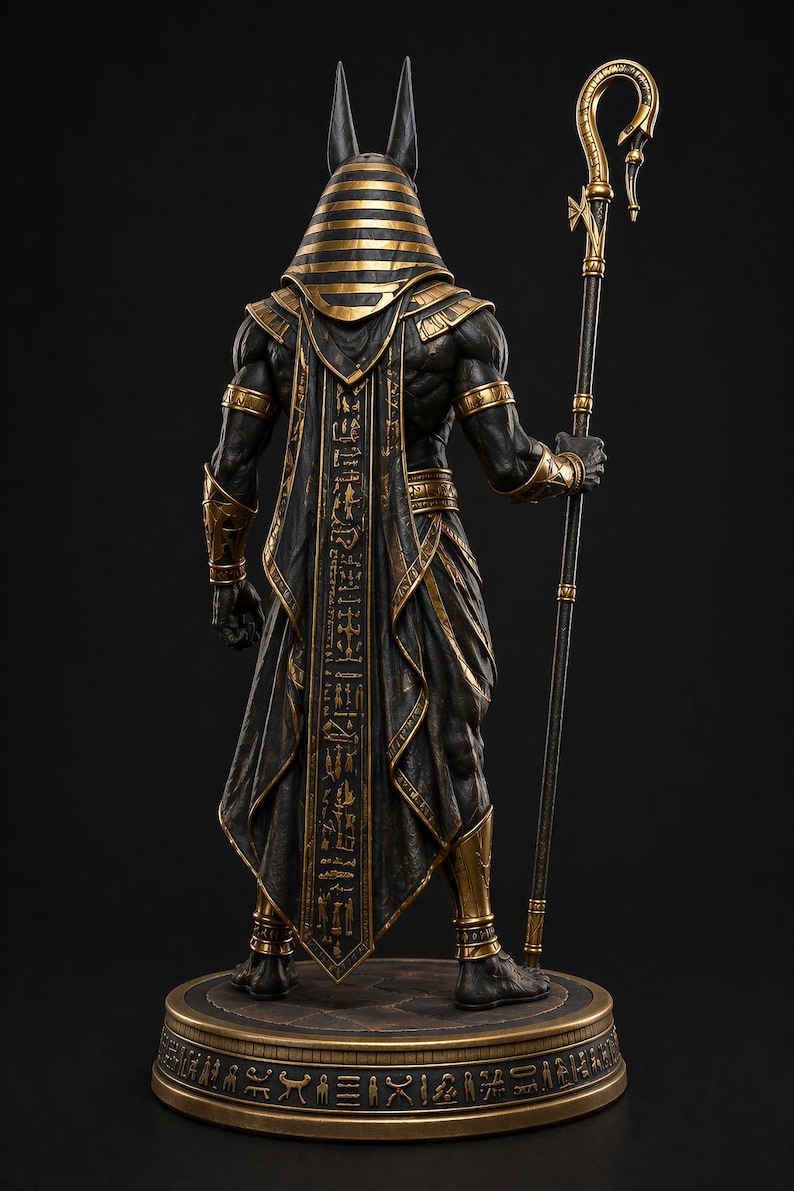 May include: A detailed statue of Anubis, the Egyptian god of the afterlife, viewed from the back. The figure is black with gold accents, including a striped headdress, arm guards, and a staff. The statue stands on a round base with hieroglyphs.