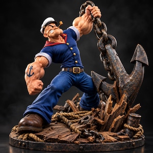 Op de afbeelding: Een gedetailleerd beeldje van Popeye de zeeman in een blauw uniform met een witte muts, die een groot roestig metalen anker vasthoudt. Het personage heeft een pijp in de mond, een opvallende ankertatoeage op de onderarm en staat op een houten voet.