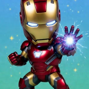 May include: A stylized Iron Man figure in a dynamic pose, featuring a red and gold metallic finish. The figure is depicted with a glowing hand, emitting energy, and has a detailed helmet with illuminated eyes. The background is a gradient of blue with star accents.