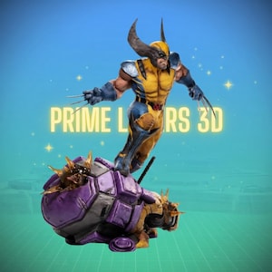 Puede incluir: Una estatua 3D dinámica de Wolverine con un traje amarillo y azul, con garras extendidas. Está posado sobre una criatura morada y dorada. El texto "PRIME L RS 3D" se muestra en amarillo.