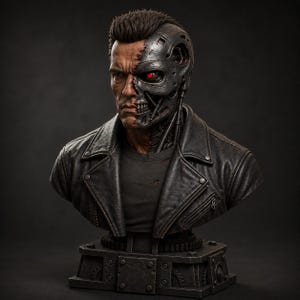 May include: A detailed bust of a human figure wearing a black leather jacket. The left side of the face is human, while the right side reveals a metallic robotic skull with a glowing red eye. The figure is mounted on a dark, gear-detailed base.