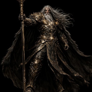 May include: A detailed digital illustration of a warrior figure in ornate gold and black armor, holding a golden spear. The warrior has long, flowing gray hair and a long white beard, set against a black background.
