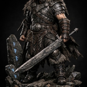 Puede incluir: Estatua detallada de un guerrero con armadura completa, sosteniendo una gran espada. La figura tiene ojos azules brillantes y está de pie sobre una base rocosa. La armadura es marrón y detallada, con detalles de piel. Estatua coleccionable de temática fantástica.