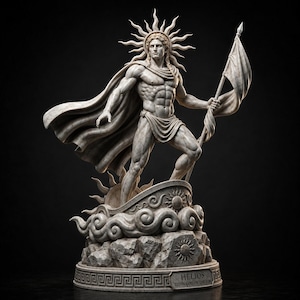 May include: A marble-style statue of the figure Helios, depicted with a sunburst halo, a flowing cape, and holding a flag. The figure stands on a base featuring stylized waves, sun motifs, and a plaque reading HELIOS TITAN GOD OF THE SUN.