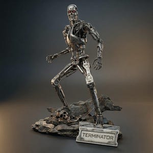 May include: A metallic silver Terminator robot figure with red eyes stands on a rocky base, with a skull and a sign that reads "TERMINATOR". The figure is highly detailed, showcasing mechanical components.