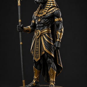 May include: A detailed statue of Anubis, the Egyptian god of the afterlife, depicted in black and gold. The figure holds a staff and wears a headdress. The statue is on a round base with hieroglyphs.