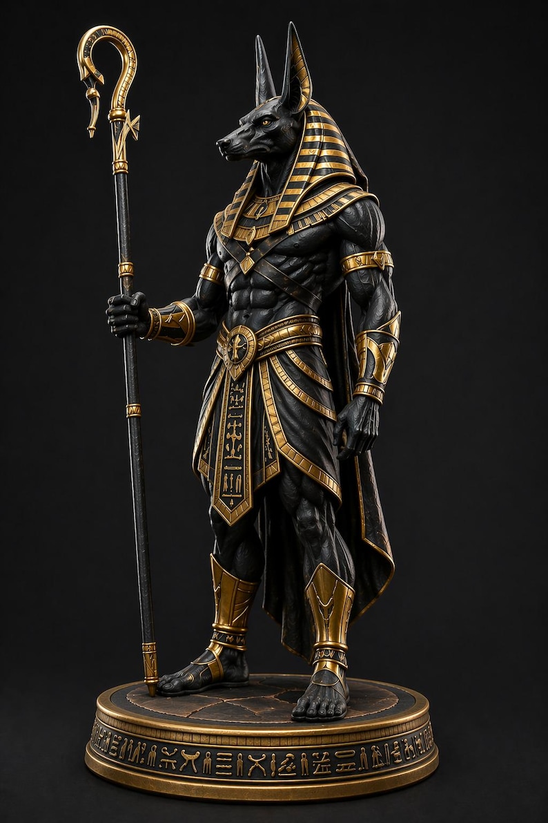 May include: A detailed statue of Anubis, the Egyptian god of the afterlife, depicted in black and gold. The figure holds a staff and wears a headdress. The statue is on a round base with hieroglyphs.