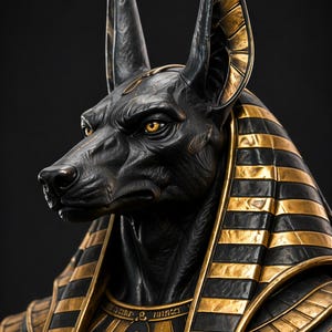 May include: A detailed sculpture of Anubis, the Egyptian god of the afterlife, with a black canine head and gold accents. The statue features a black body with gold stripes and intricate detailing, set against a dark background.