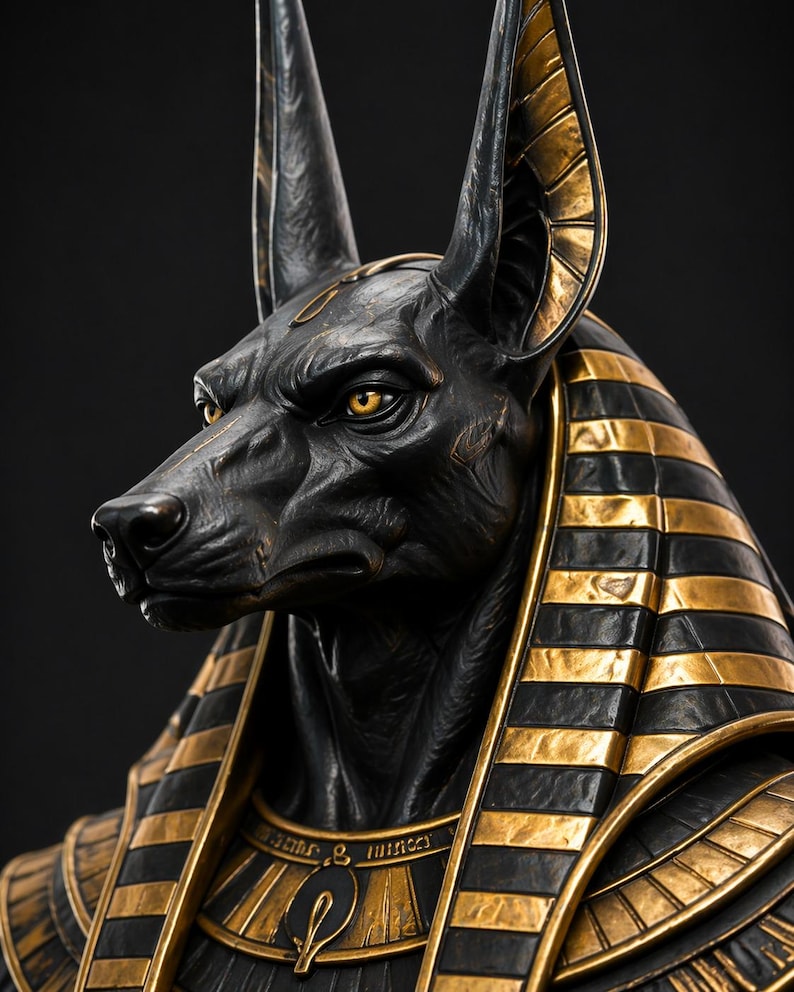 May include: A detailed sculpture of Anubis, the Egyptian god of the afterlife, with a black canine head and gold accents. The statue features a black body with gold stripes and intricate detailing, set against a dark background.