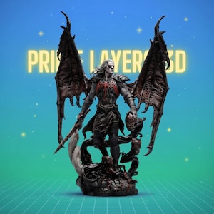 May include: A detailed 3D-printed statue of a character with large, dark wings and long white hair. The figure is clad in dark armor with red accents and holds a sword and a grotesque mask. The base features a swirling, organic design. The text "PRIME LAYER 3D" is visible.