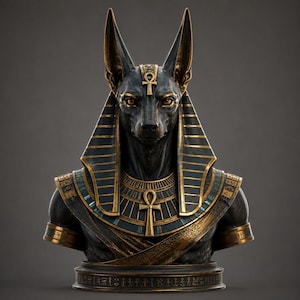 May include: A black and gold bust of the Egyptian deity Anubis, featuring a jackal head with pointed ears, a striped nemes headdress, and a wide collar necklace. The figure is adorned with gold ankh symbols and intricate hieroglyphic carvings.