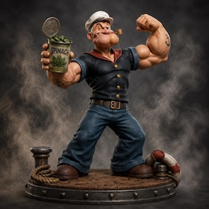 May include: A detailed figurine of Popeye the Sailor Man wearing a white cap, dark blue shirt, and blue trousers, flexing a muscular arm with an anchor tattoo. He holds an open can labeled SPINACH. The base features a rope, lifebuoy, and dock.
