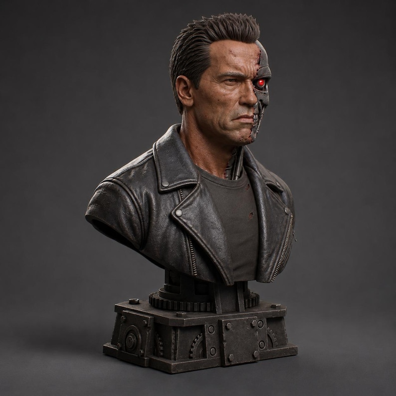 May include: A detailed bust of a human figure wearing a black leather jacket over a dark shirt. The figure features a damaged face revealing a metallic endoskeleton structure with a glowing red eye on the left side, mounted on a mechanical base.