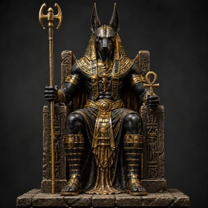 May include: A detailed statue of Anubis, the Egyptian god of the afterlife, seated on a throne. The figure is black and gold, holding a staff and an ankh. The throne is adorned with hieroglyphs, and the statue is set against a dark background.