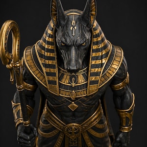 May include: A detailed statue of Anubis, the ancient Egyptian god of the afterlife. The figure is depicted with a black body, gold accents, and a jackal head. It holds a staff and wears a headdress. The statue has an imposing and regal presence.