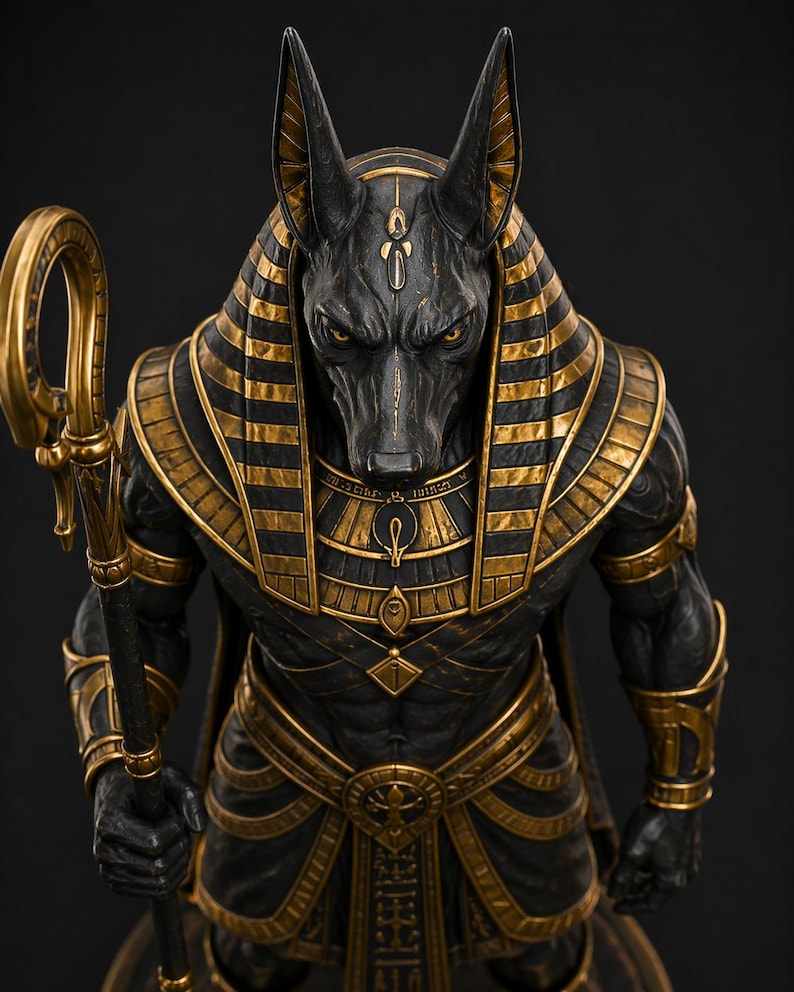 May include: A detailed statue of Anubis, the ancient Egyptian god of the afterlife. The figure is depicted with a black body, gold accents, and a jackal head. It holds a staff and wears a headdress. The statue has an imposing and regal presence.