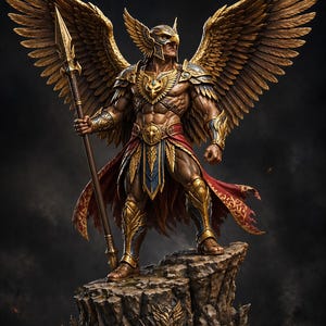May include: A detailed statue of a winged warrior, standing atop a rocky base. The figure is clad in gold and bronze armor, holding a spear. Large, detailed wings are spread behind the warrior. The statue has a heroic, powerful pose.