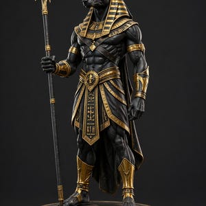 May include: A detailed statue of Anubis, the Egyptian god of the afterlife, depicted with a jackal head and a muscular human body. The statue is black with gold accents, holding a staff. It stands on a round base with hieroglyphs.