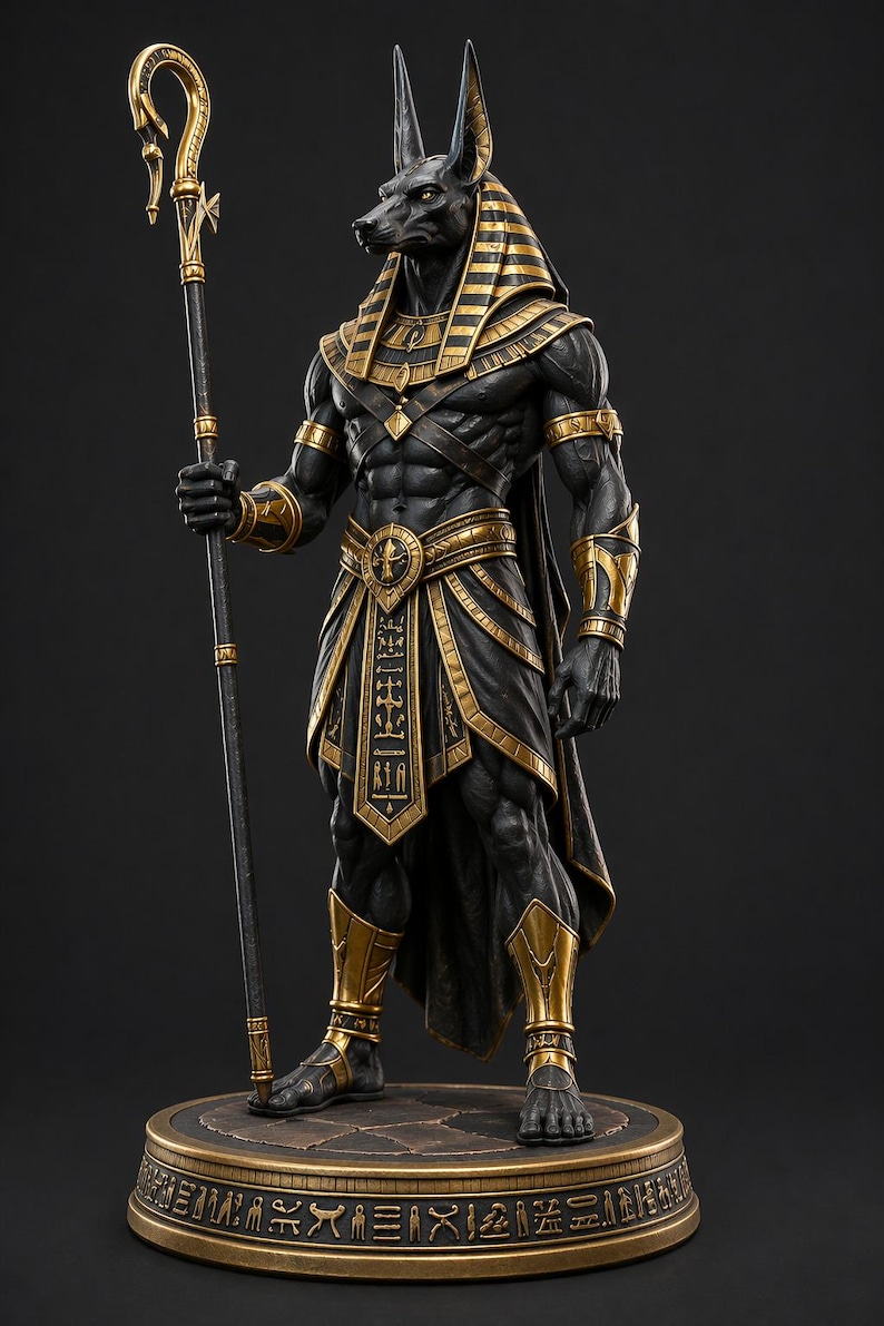 May include: A detailed statue of Anubis, the Egyptian god of the afterlife, depicted with a jackal head and a muscular human body. The statue is black with gold accents, holding a staff. It stands on a round base with hieroglyphs.