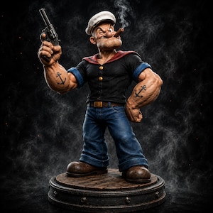 May include: A detailed figurine of a sailor character wearing a black shirt with a red collar, blue jeans, and a white cap. The figure has muscular arms with anchor tattoos, holds a black revolver in one hand, and has a cigar in the mouth.