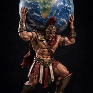 May include: A detailed statue of Atlas, a muscular figure in Roman armour, straining to hold the Earth. The globe is a detailed depiction of the continents and oceans. The statue is on a rocky base, with a dark background.