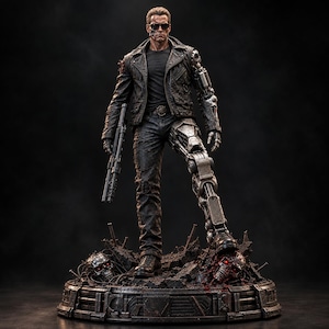 May include: A highly detailed collectible figure of a cyborg character wearing a black leather jacket, dark t-shirt, and jeans. The figure features a metallic robotic left arm and leg, dark sunglasses, and holds a shotgun, standing on a debris-filled base.